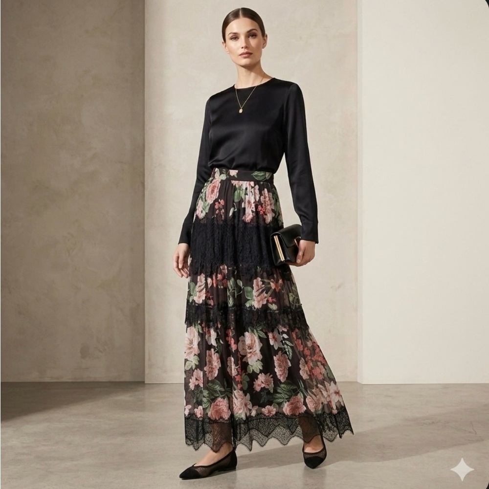 Elegant Black Floral Maxi Skirt - Picture 2 of 14